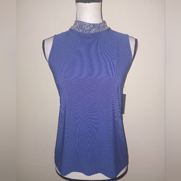 Tops - New Tatiana B. Elegant Blue Pearl & Rhinestone Embezzled Sleeveless Top